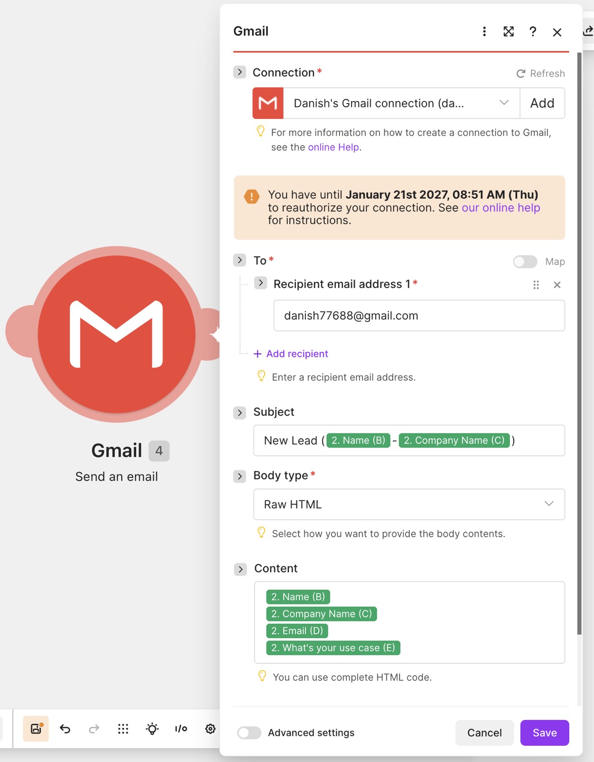 Make Gmail internal notification configuration