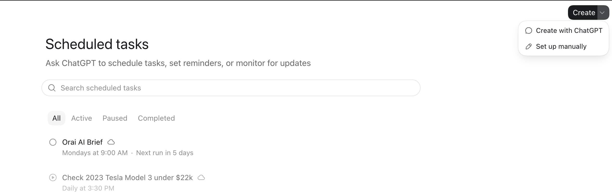ChatGPT Scheduled tasks page with Set up manually option
